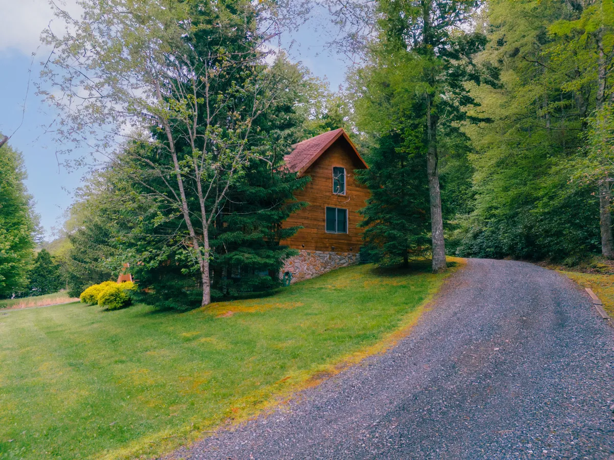 A classic wooden cabin is framed by towering trees and sits at the end of a gravel driveway. The tranquil forest setting invites exploration, family walks, and relaxation in nature, with the porch suggesting a welcoming spot to gather after a day of adventure.