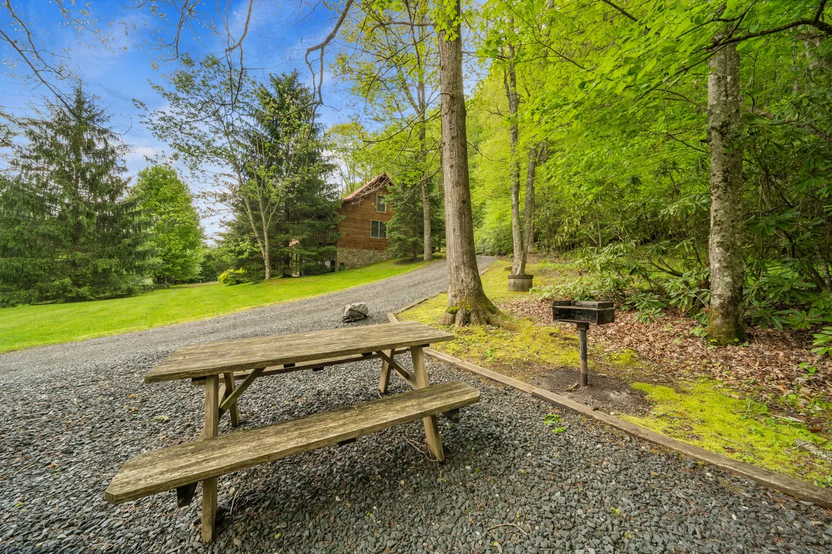 A welcoming picnic table is set amidst a grassy yard with a grill nearby, surrounded by trees and a visible pathway leading toward the house. The atmosphere is sunny and peaceful, suggesting opportunities for outdoor meals, games, and relaxation.